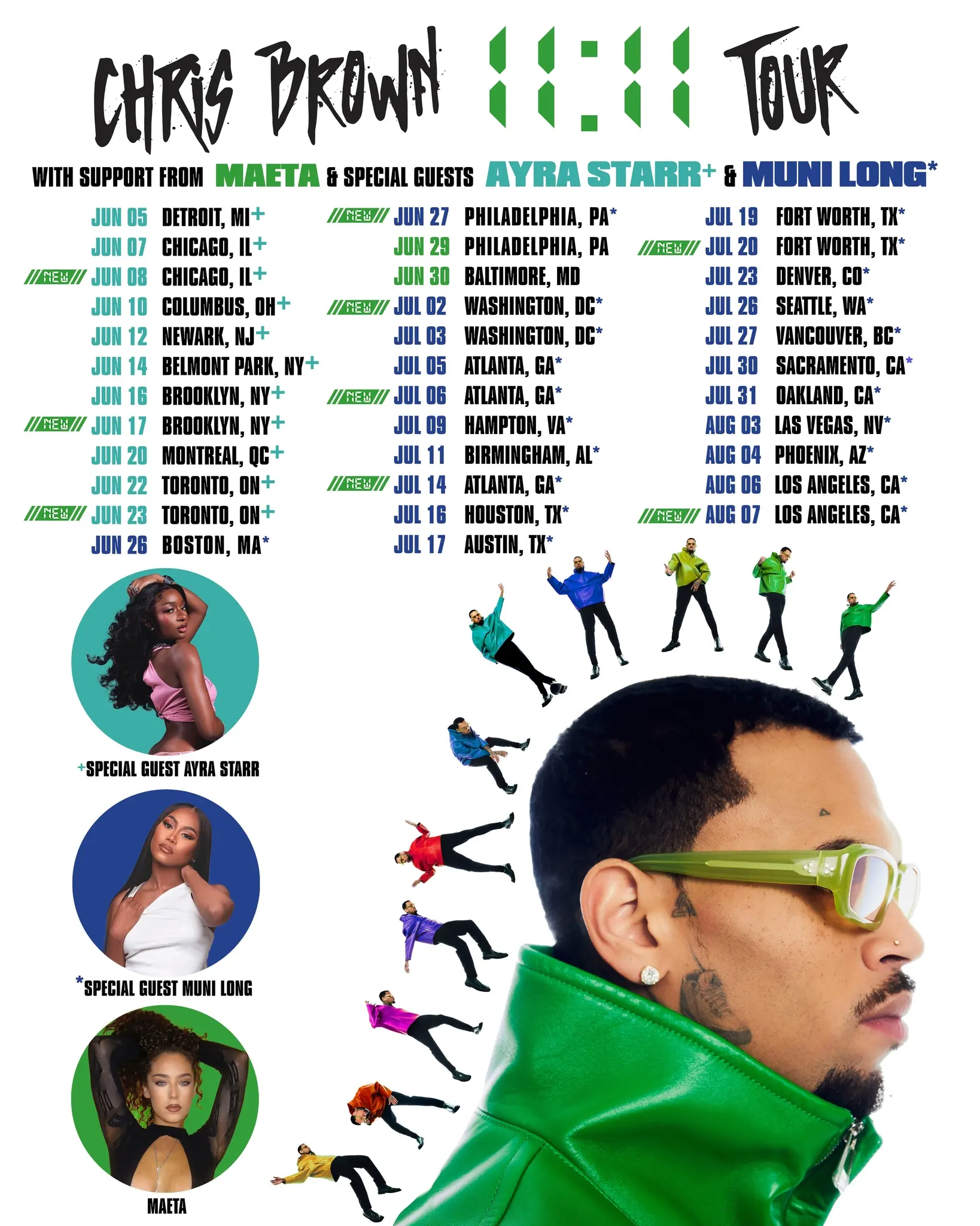Affiche de la tournée « 11:11 Tour » de Chris Brown avec dates et villes, soutenu par Maeta, Ayra Starr+ et Muni Long*,